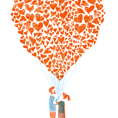 Ilustração de casal segurando balões em forma de coração