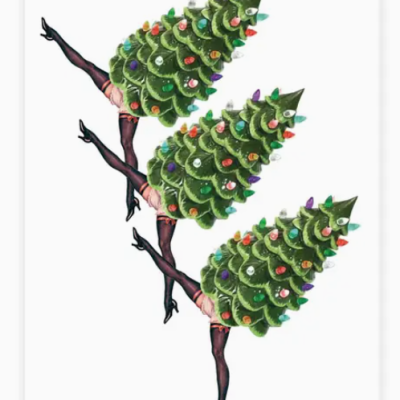 Figura artística de mulheres com árvores de Natal como cabeças, usando collants e sapatos pretos, em fundo branco.