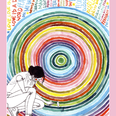 Pessoa pintando círculos coloridos com texto colorido na parte superior