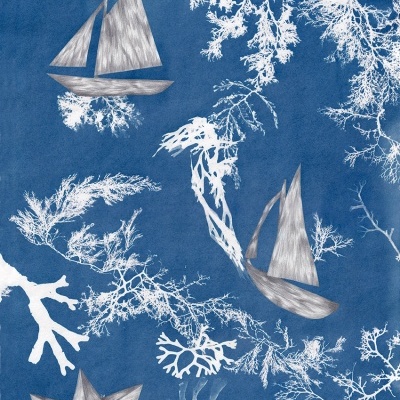 Padrão azul com barcos brancos e cinzas e corais brancos