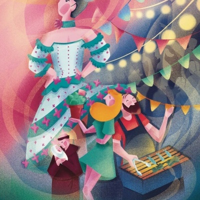 Ilustração colorida com quatro figuras humanas e cenário festivo com luzes e bandeirolas