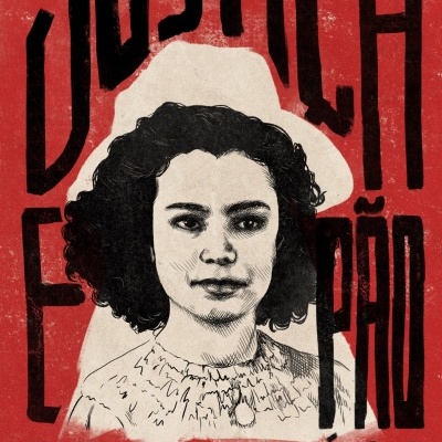 Cartaz vermelho com texto preto e retrato desenhado de Catarina Eufémia