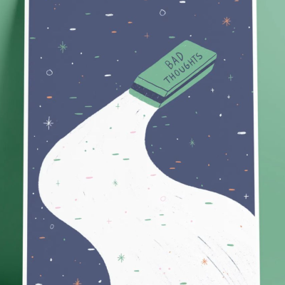 Ilustração de borracha verde com texto BAD THOUGHTS a apagar mancha branca numa superfície azul