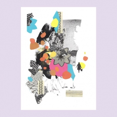 Imagem abstrata colorida com colagens e manchas sobre fundo lilás