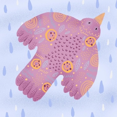 Ilustração de pássaro rosa com padrão circular em fundo azul com gotas