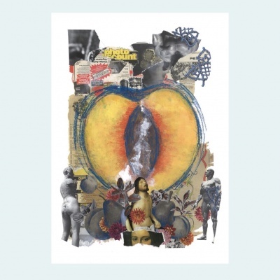 Colagem artística com pêssego grande e recortes de pessoas e texto 'Photo Point'