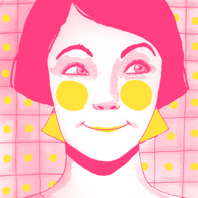 Ilustração de mulher com cabelo cor-de-rosa, brincos triangulares amarelos e maquilhagem amarela num fundo rosa com bolinhas amarelas.