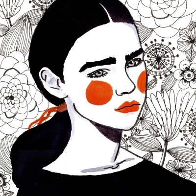 Ilustração feminina a preto e branco com bochechas e lábios vermelhos