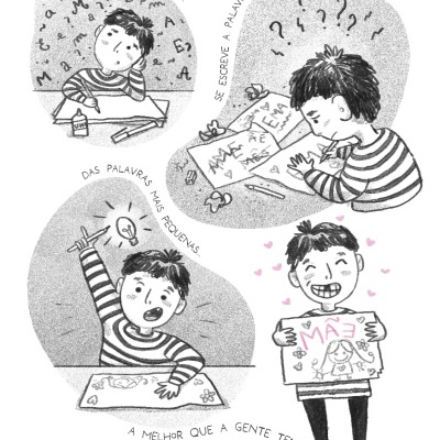 Desenho a preto e branco de uma criança a escrever a palavra MÃE num caderno, com frases em português sobre letras e a palavra mãe.
