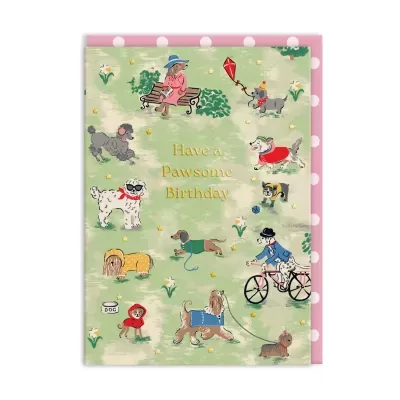 Cartão de aniversário com desenhos de cães e texto Have a Pawsome Birthday