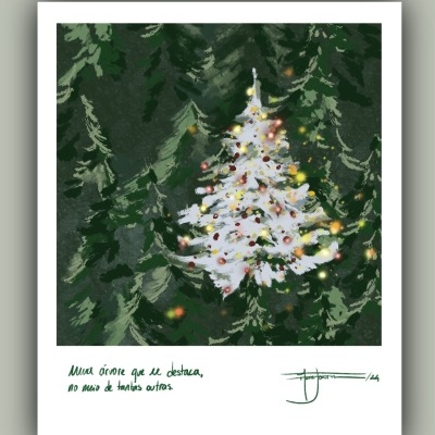 Ilustração de árvore de Natal branca iluminada entre árvores verdes com texto manuscrito em português.