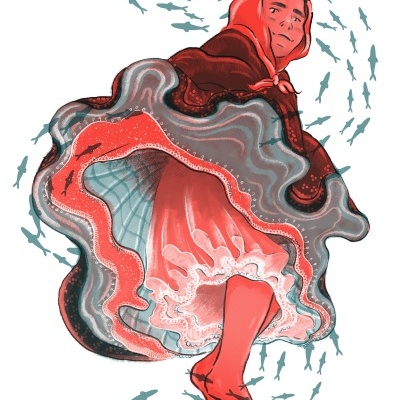 Ilustração de mulher com vestido vermelho e cachecol cercada por peixes pequenos