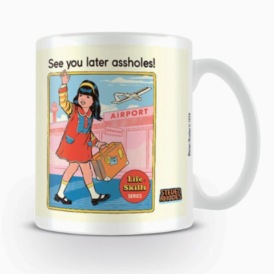 Caneca branca com desenho vintage colorido e texto humorístico em inglês