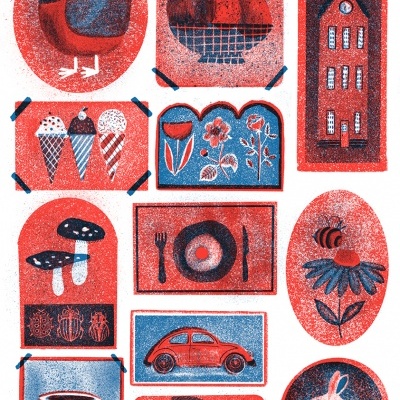 Ilustrações coloridas variadas de objetos e animais em tons vermelho e azul