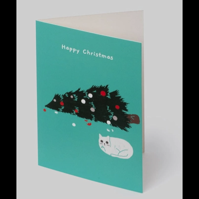 Cartão de Natal verde com árvore negra decorada e gato branco