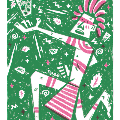 Ilustração colorida de personagem estilizado com penas cor-de-rosa segurando bebida e palavra TIAGO presente.