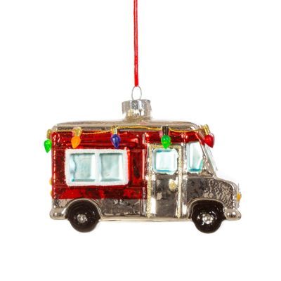 Enfeite decorativo de Natal carrinha vermelha e prata com luzes coloridas