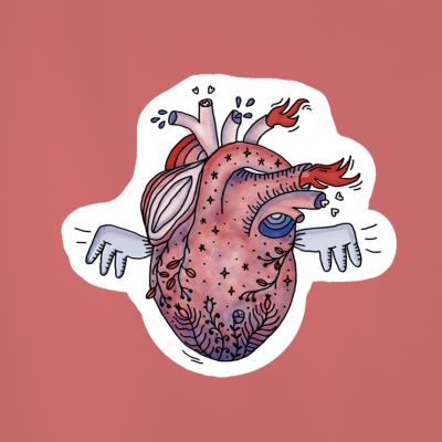 Ilustração de coração anatômico colorido em etiqueta branca sobre fundo rosa