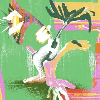 Ilustração abstrata com formas geométricas coloridas sobre fundo verde e rosado