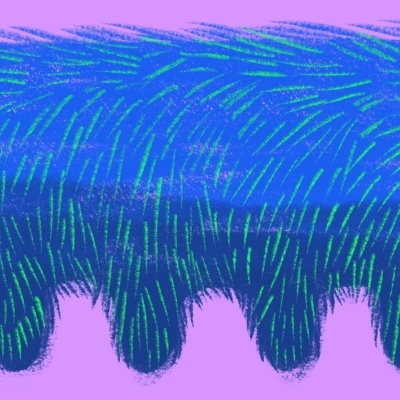 Ilustração de criatura peluda azul e verde com olhos redondos em fundo rosa