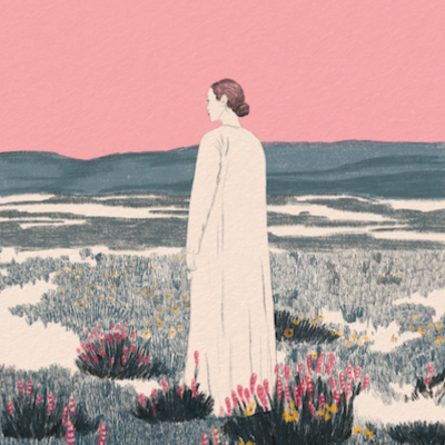 Ilustração de pessoa de costas em campo florido com céu rosa