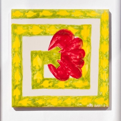 Quadro abstrato quadrado com padrões amarelos e vermelhos