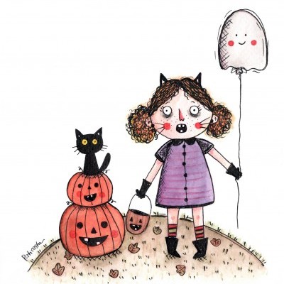 Menina vestida de Halloween com abóboras e gato preto numa ilustração desenhada