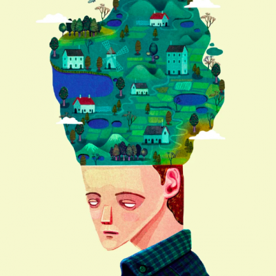 Ilustração de homem com paisagem na cabeça aberta