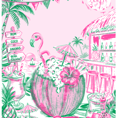 Ilustração de cenário tropical com bebidas decoradas, bar de praia e sinais de bebidas