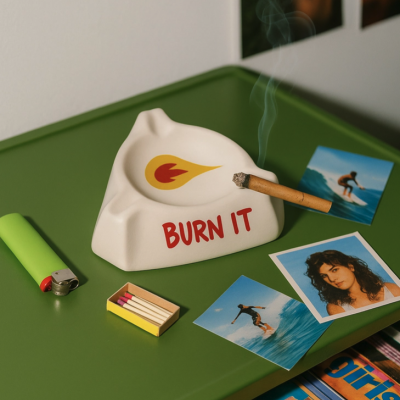 Cinzeiro branco cerâmico com texto BURN IT e cigarro aceso numa mesa verde com isqueiro, fósforos e fotos.