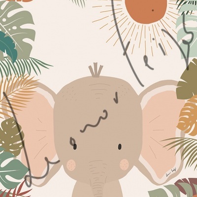 Desenho de elefante com folhas tropicais e sol laranja.