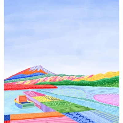 Ilustração colorida de campo agrícola com montanha ao fundo e céu azul