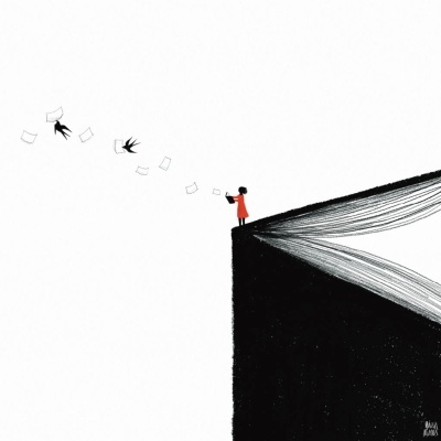 Ilustração de criança com casaco vermelho em livro aberto grande, papéis e aves a voar