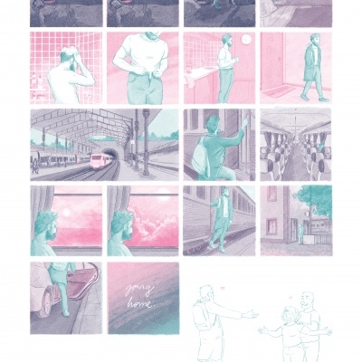 Página de banda desenhada com cenas em tons pastéis de um homem a viajar e chegar a casa, com texto 