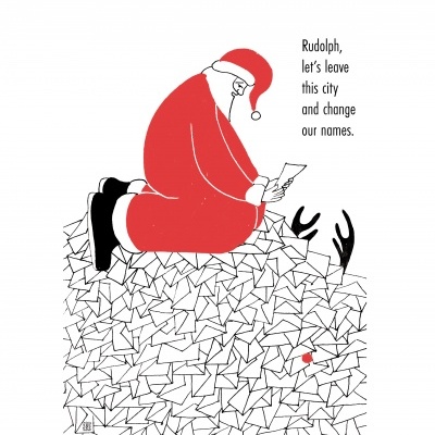 Ilustração de Pai Natal vermelho sentado sobre cartas com texto ao lado
