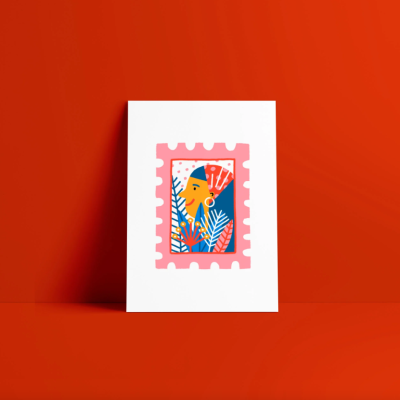 Cartão branco com ilustração colorida abstrata em fundo vermelho