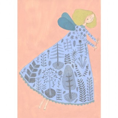 Ilustração de anjo com vestido azul e asas azuis sobre fundo rosa