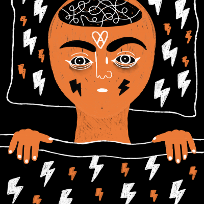 Ilustração cabeça laranja com labirinto na cabeça, deitada em cama com padrões de raios