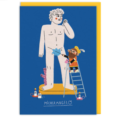 Ilustração de escultura masculina com personagem de Renascença limpando-a em cartão azul com texto MICHELANGELO