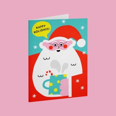 Cartão festivo com desenho de Pai Natal e texto 'HAPPY HOLIDAYS!'