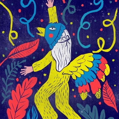 Ilustração de figura humana com cabeça de pássaro e asas coloridas num fundo azul com folhas e serpentinas coloridas