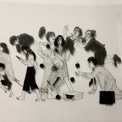 Desenho a preto e branco de várias pessoas e um cão em diferentes poses