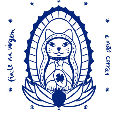 Ilustração azul de gato estilizado dentro de moldura oval com texto em português e símbolos