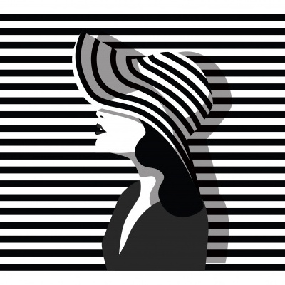 Ilustração em preto e branco de mulher de perfil com chapéu listrado