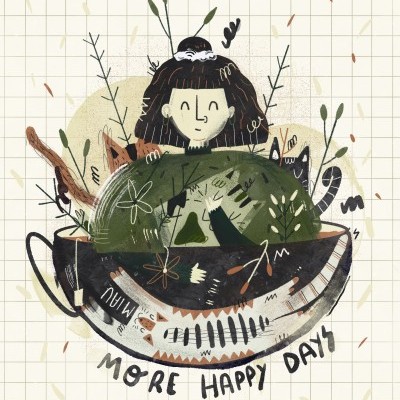 Ilustração de criança e gato dentro de uma chávena com plantas e texto 'MORE HAPPY DAYS'