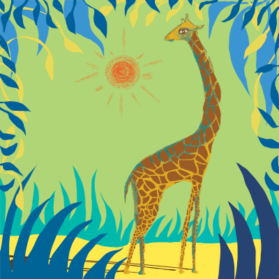 Ilustração colorida de uma girafa numa paisagem com sol alaranjado e plantas azuis e verdes