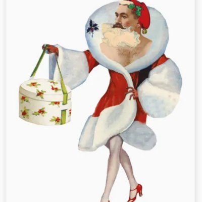 Figura vintage com corpo feminino em casaco vermelho e barba masculina segurando saco com padrão de azevinho