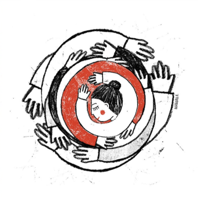 Ilustração de pessoa com cabelo apanhado e braços em círculos