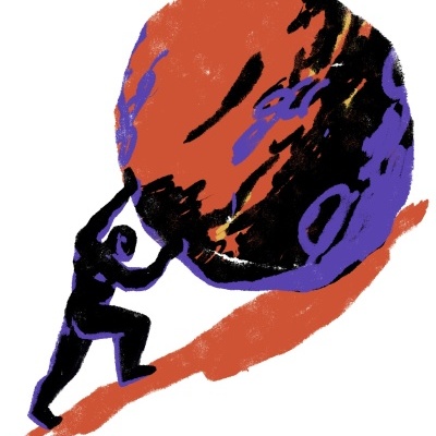 Ilustração de figura humana empurrando uma esfera colorida