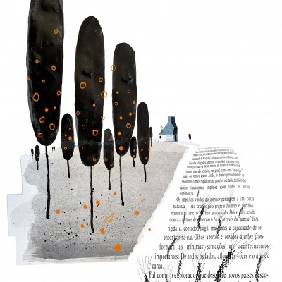 Ilustração de árvores negras estilizadas com círculos laranja e texto em português